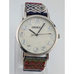 Geneva Watch Women Boho Colorful Aztec Faux Leather Band MOP Dial- New Battery